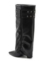 BOTTES NOIRES HAUTES À SANGLES ET BOUCLES DORÉES – Image 3