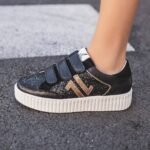 BASKETS FEMME NOIRES & DORÉES À SCRATCH – SEMELLE ÉPAISSE TENDANCE