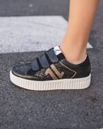 BASKETS FEMME NOIRES & DORÉES À SCRATCH – SEMELLE ÉPAISSE TENDANCE