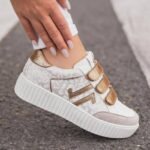BASKETS FEMME BLANCHES & DORÉES À SCRATCH – SEMELLE ÉPAISSE TENDANCE