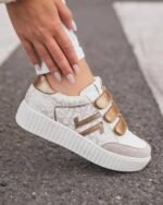 BASKETS FEMME BLANCHES & DORÉES À SCRATCH – SEMELLE ÉPAISSE TENDANCE