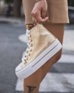 BASKETS MONTANTES FEMME DORÉES EFFET CROCO SEMELLE ÉPAISSE – Image 5